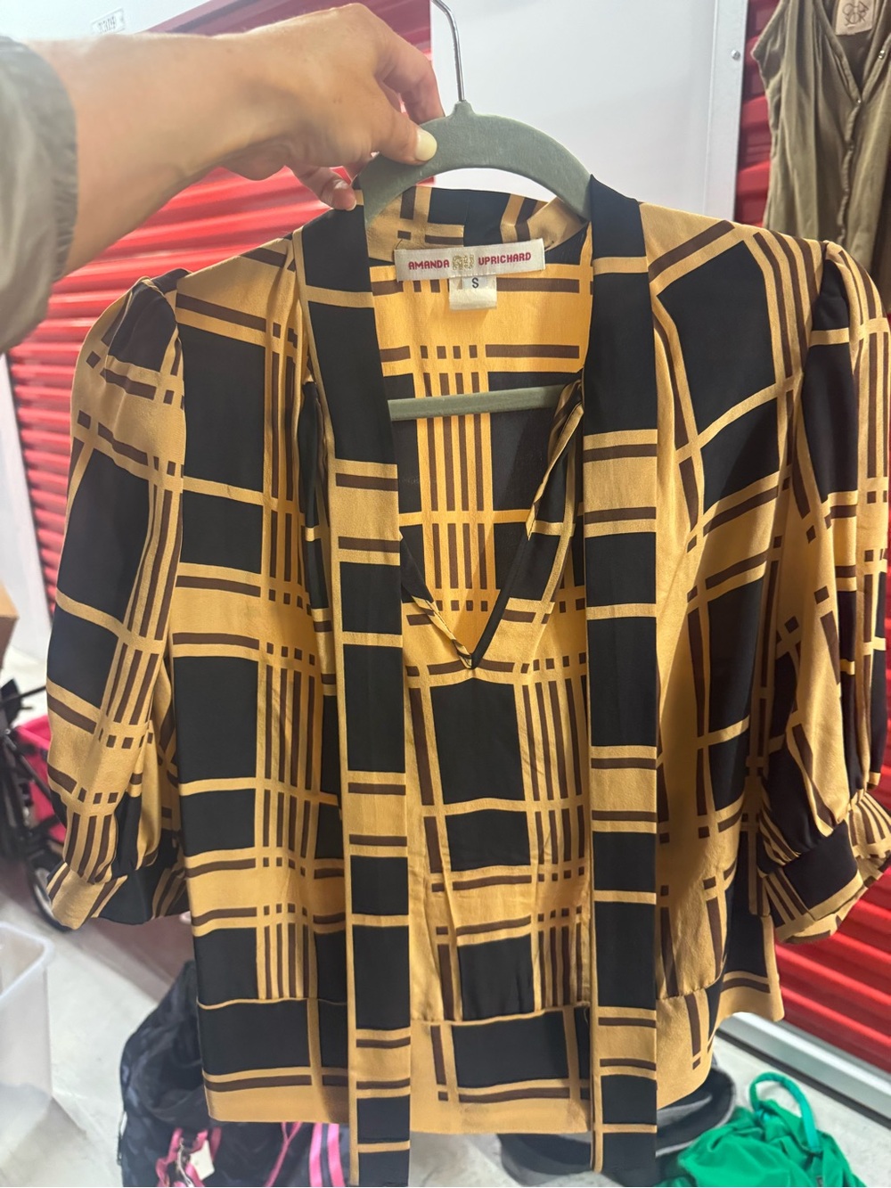 Amanda Uprichard Mustard & Black Plaid Tie-Neck Blouse